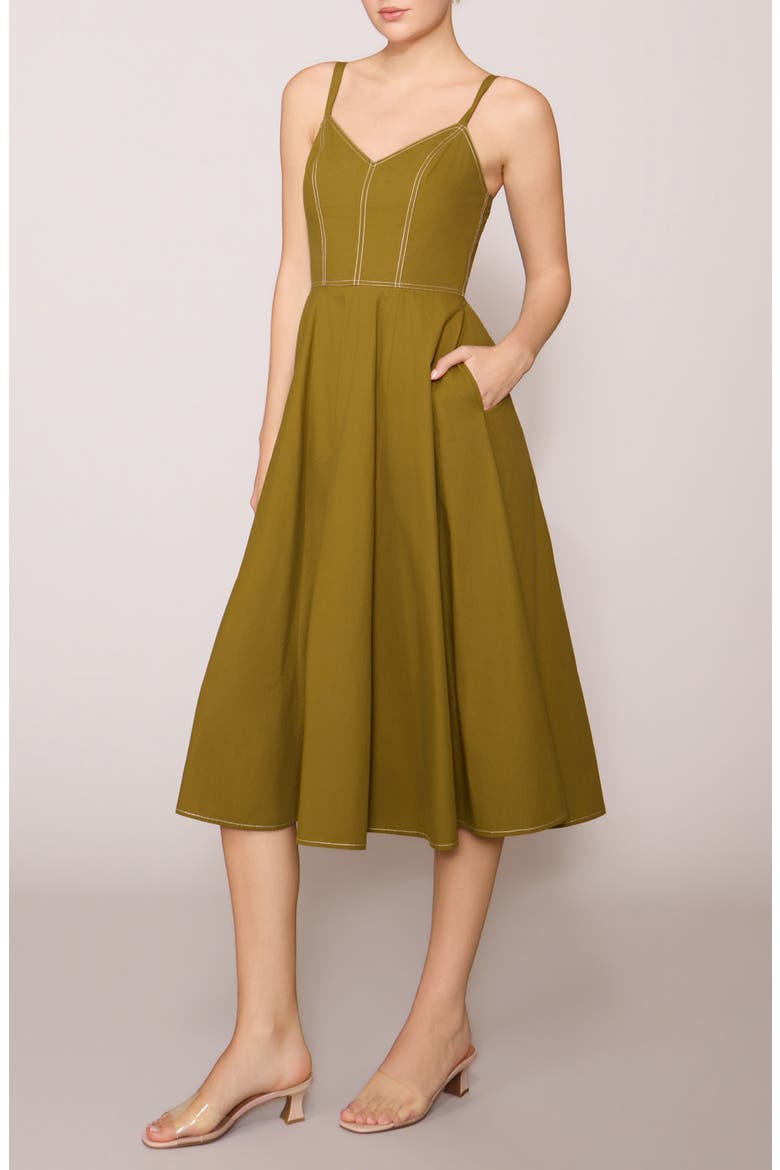 Contrast Stitched Poplin Midi Dress, Alternate, color, OLIVE