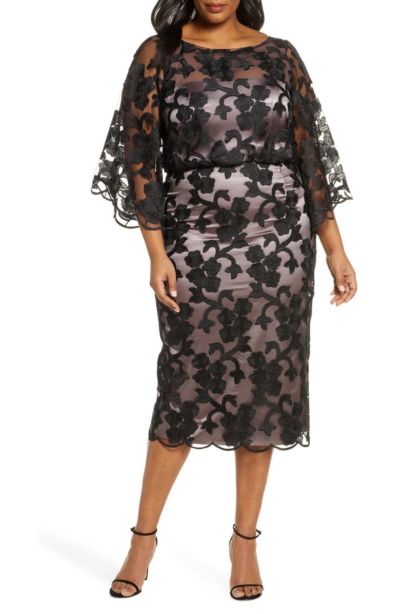 JS Collections Bell Sleeve Embroidered Mesh Cocktail Dress, Alternate, color,