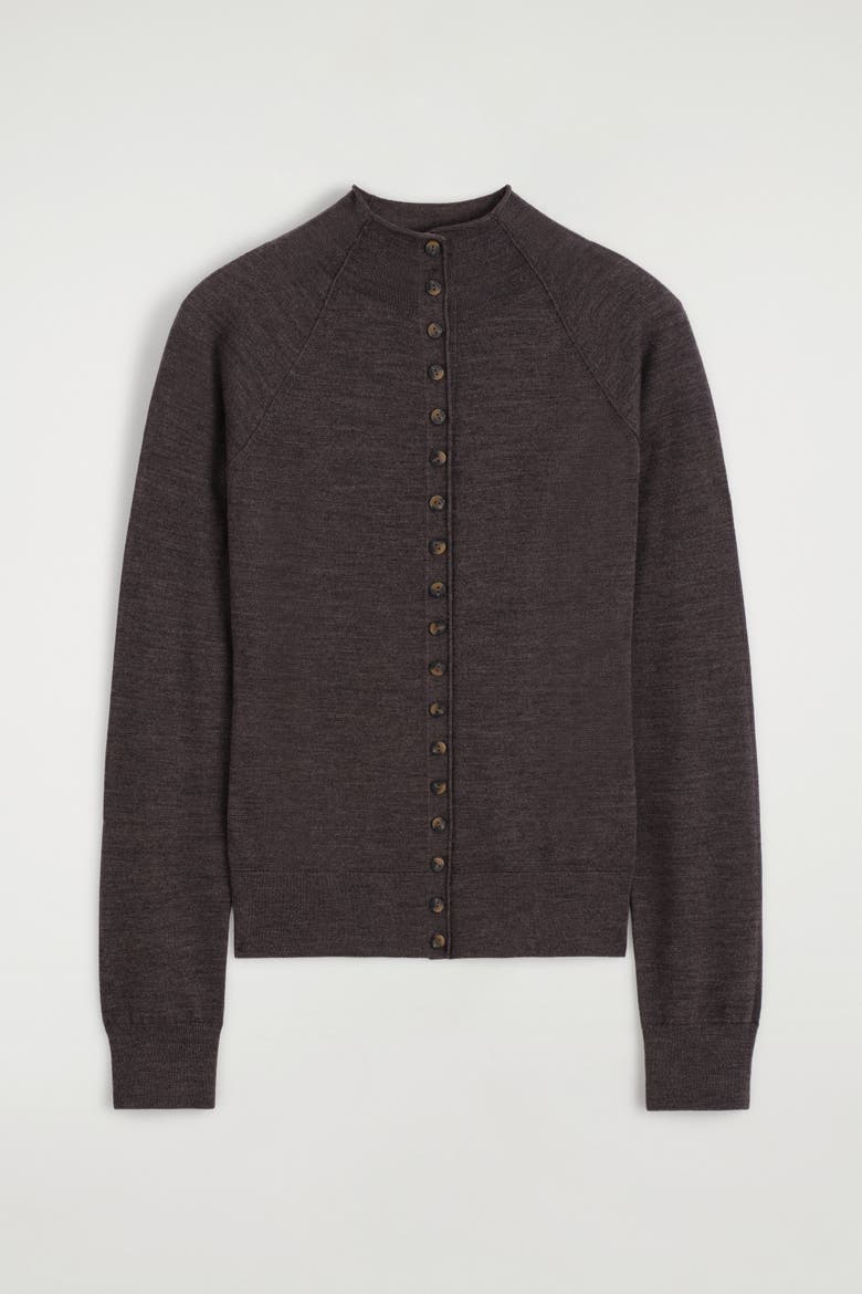 Merino Wool Mock-Neck Cardigan, Alternate, color, BROWN MÉLANGE
