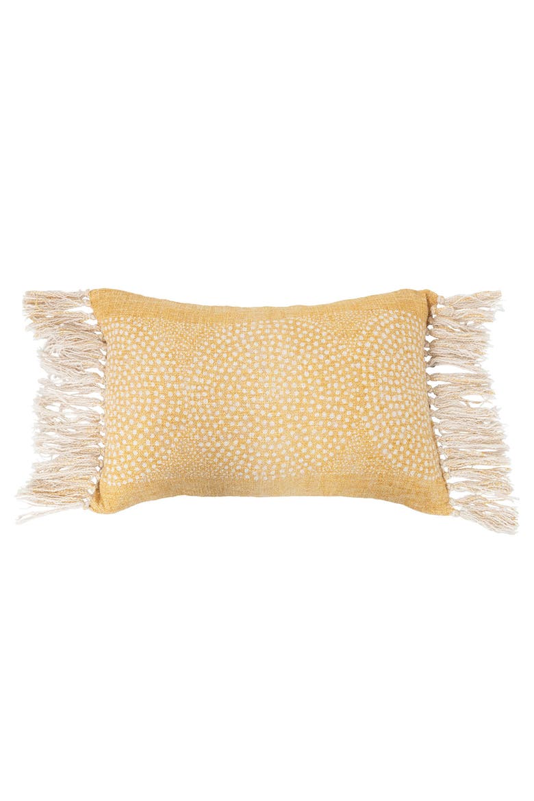 Stonewashed Cotton Slub Lumbar Pillow with Dot Pattern and Fringe, Main, color, Yellow