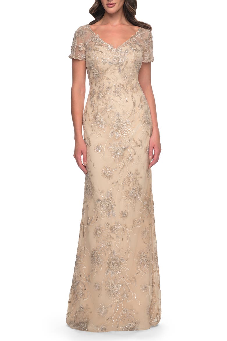 Gorgeous Beaded Long Gown with Short Sleeves and V Neck, Main, color, Light Gold