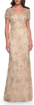 La Femme Gorgeous Beaded Long Gown with Short Sleeves and V Neck