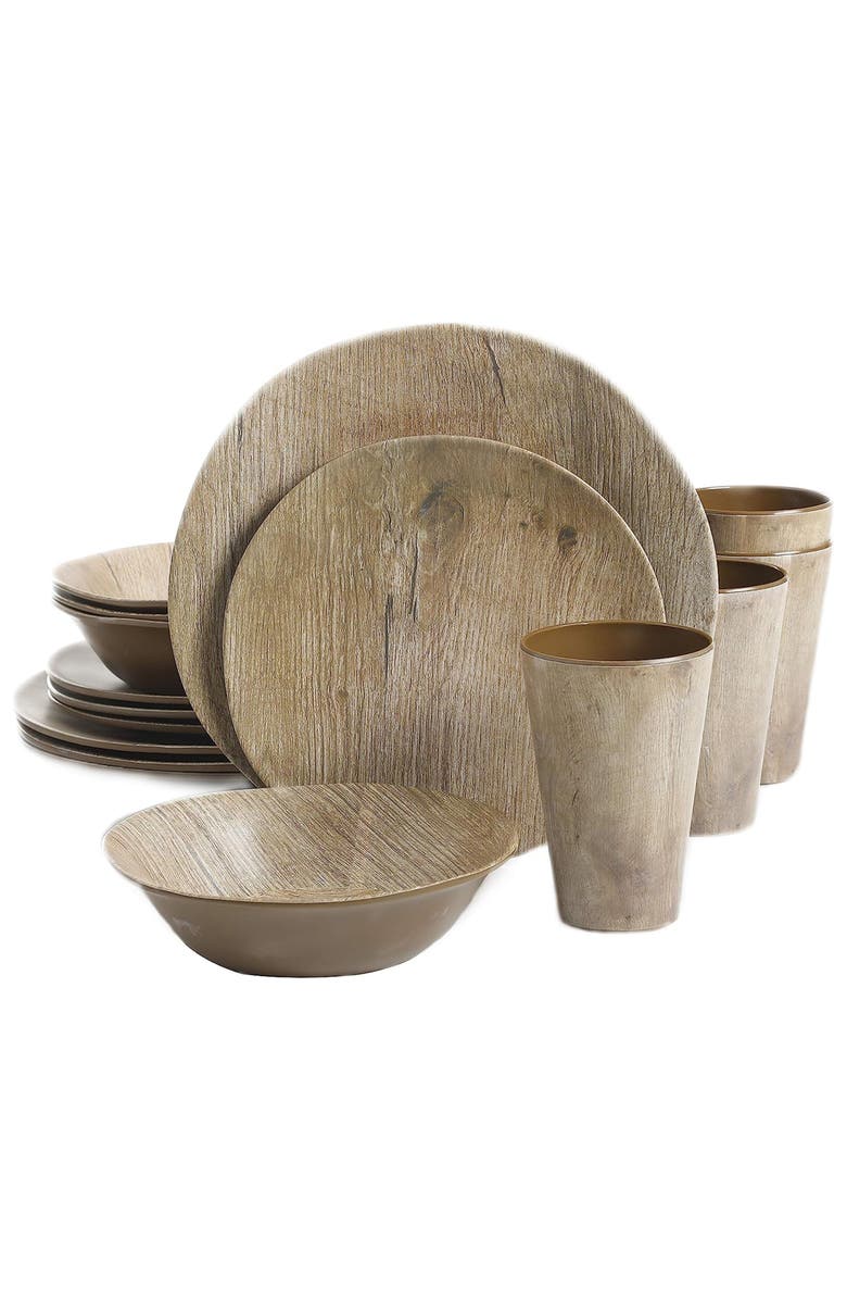 Gibson Elite Woodlands 16 Piece Melamine Wood Grain Decal Dinnerware Set, Main, color, Brown