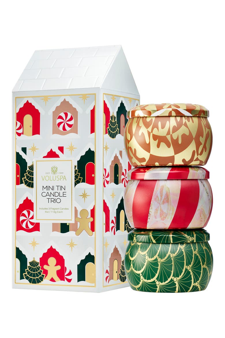 Holiday Mini Tin Candle Set of 3, Main, color, GREEN/ RED/ BROWN MULTI