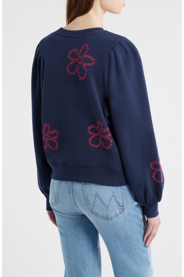 Tiffany Floral Embroidered Balloon Sleeve Cotton Sweatshirt, Alternate, color, NAVY