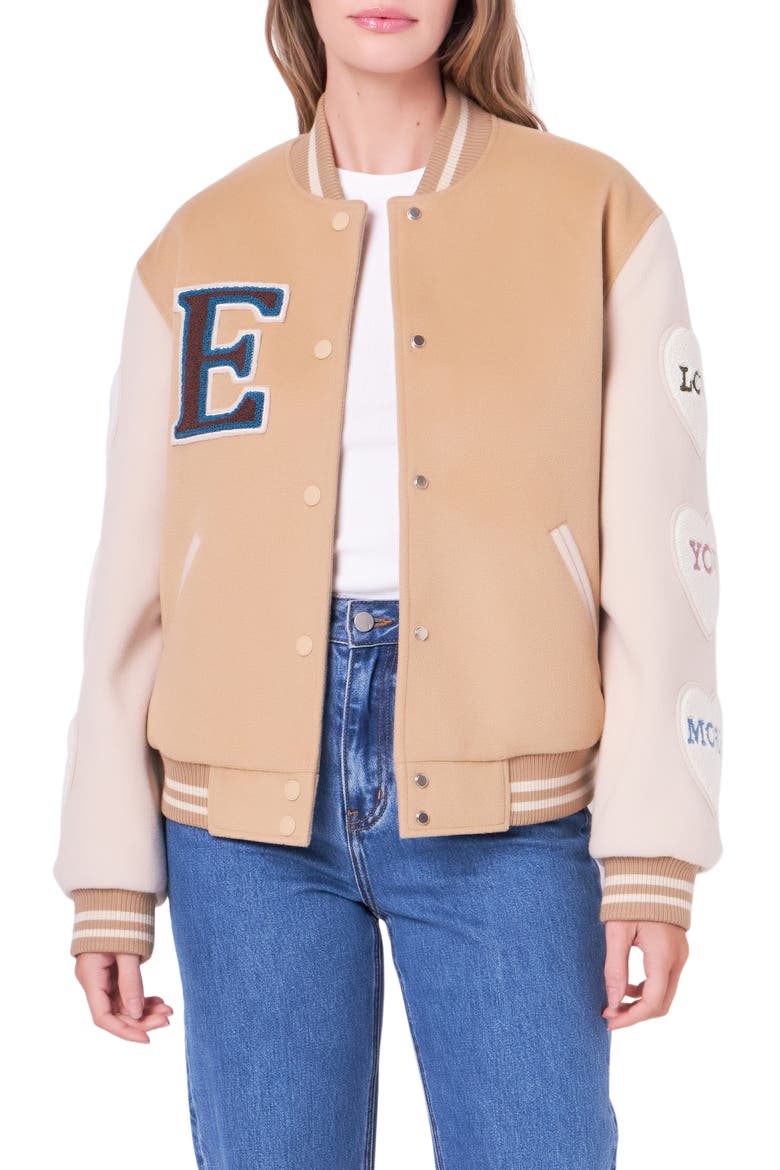 Love Varsity Jacket, Main, color, TAN MULTI