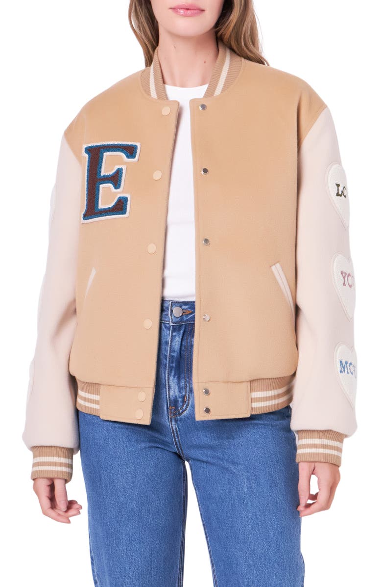 English Factory Love Varsity Jacket, Main, color, Tan Multi