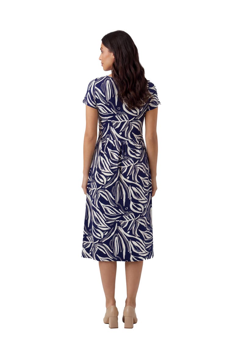 Maternity Essential Abstract Print Short Sleeve Boat Neck Pleated Pocket Fit & Flare Midi Dress, Alternate, color, Navy Multi