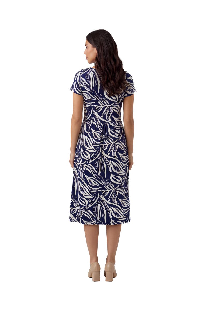 24seven Comfort Apparel Maternity Essential Abstract Print Short Sleeve Boat Neck Pleated Pocket Fit & Flare Midi Dress, Alternate, color, Navy Multi