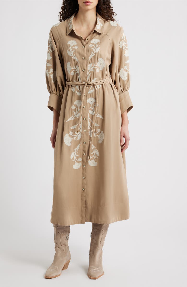 THE GREAT. The Western Herd Midi Shirtdress, Main, color, Soft Tan W/ Cream