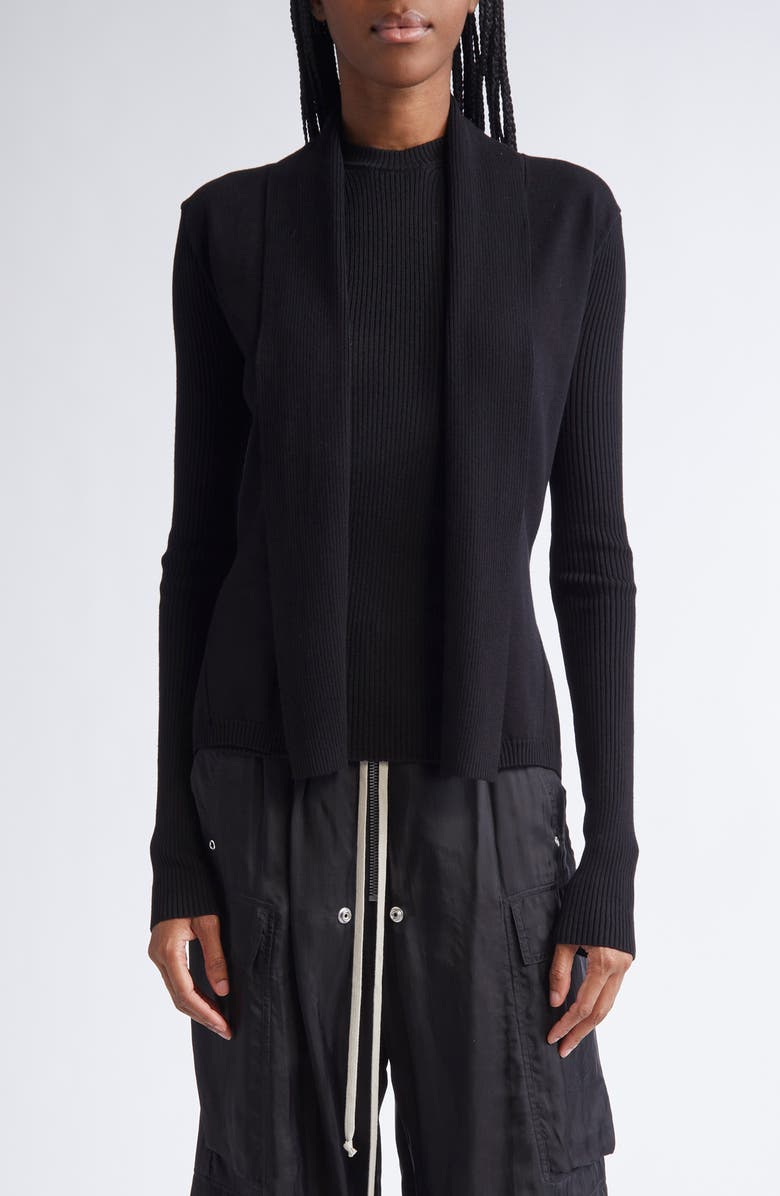 Rick Owens Open Front Rib Cardigan, Main, color, Black