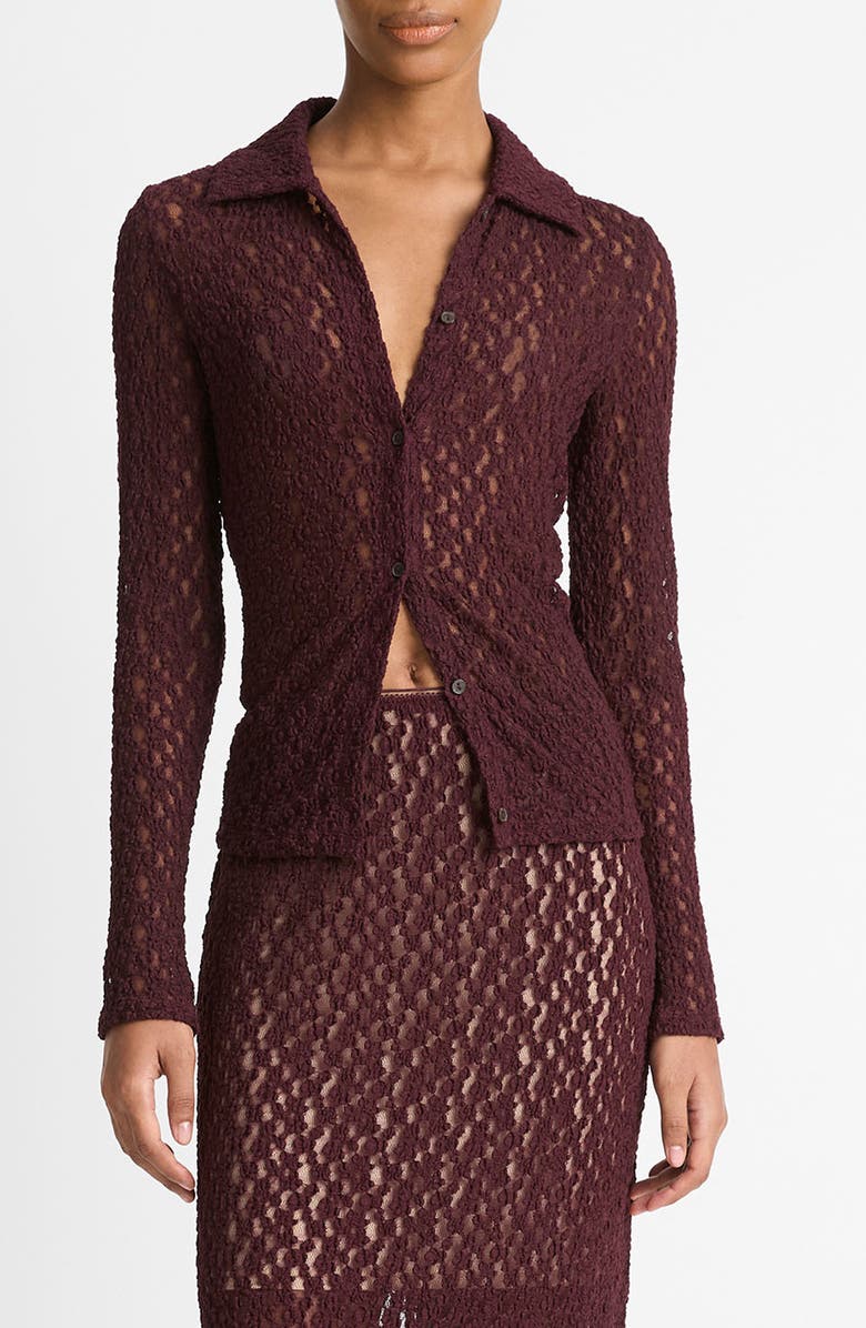 Vince Floral Lace Button-Up Shirt, Main, color, Cherry Night
