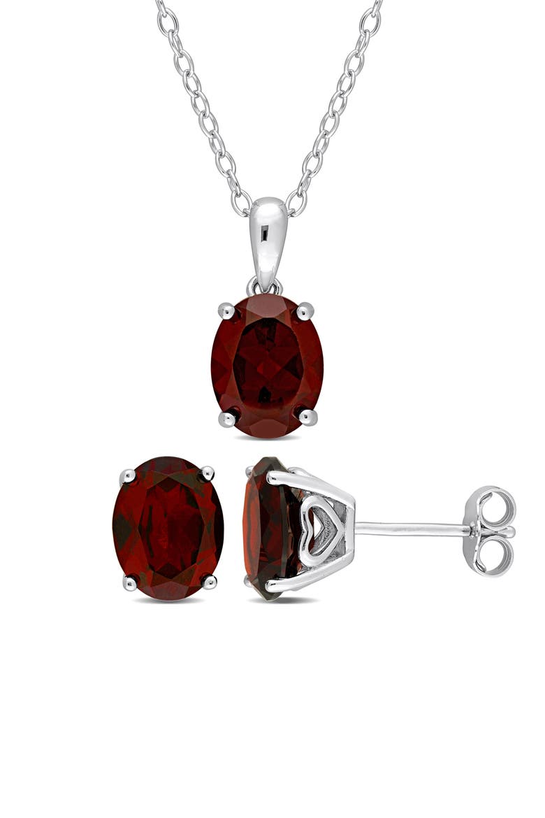 Oval Garnet Solitaire Pendant Necklace & Stud Earrings Set, Main, color, RED