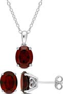 DELMAR Oval Garnet Solitaire Pendant Necklace & Stud Earrings Set