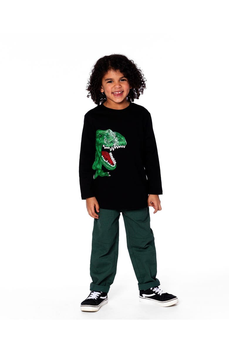 Deux par Deux Long Sleeve Jersey Tee Shirt with Dinosaur, Main, color, Black