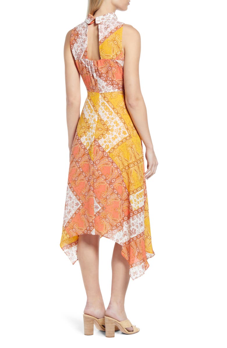 Vince Camuto Scarf Print Handkerchief Hem Crêpe de Chine Midi Dress, Alternate, color,