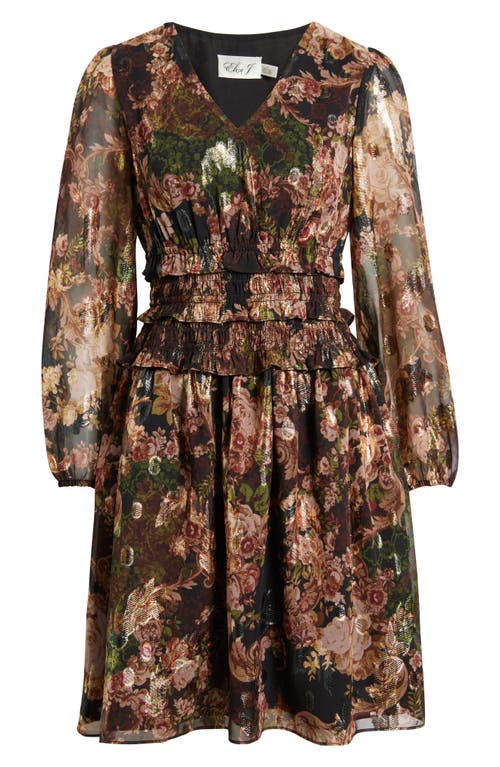 Eliza J Metallic Floral Long Sleeve Dress In Brown