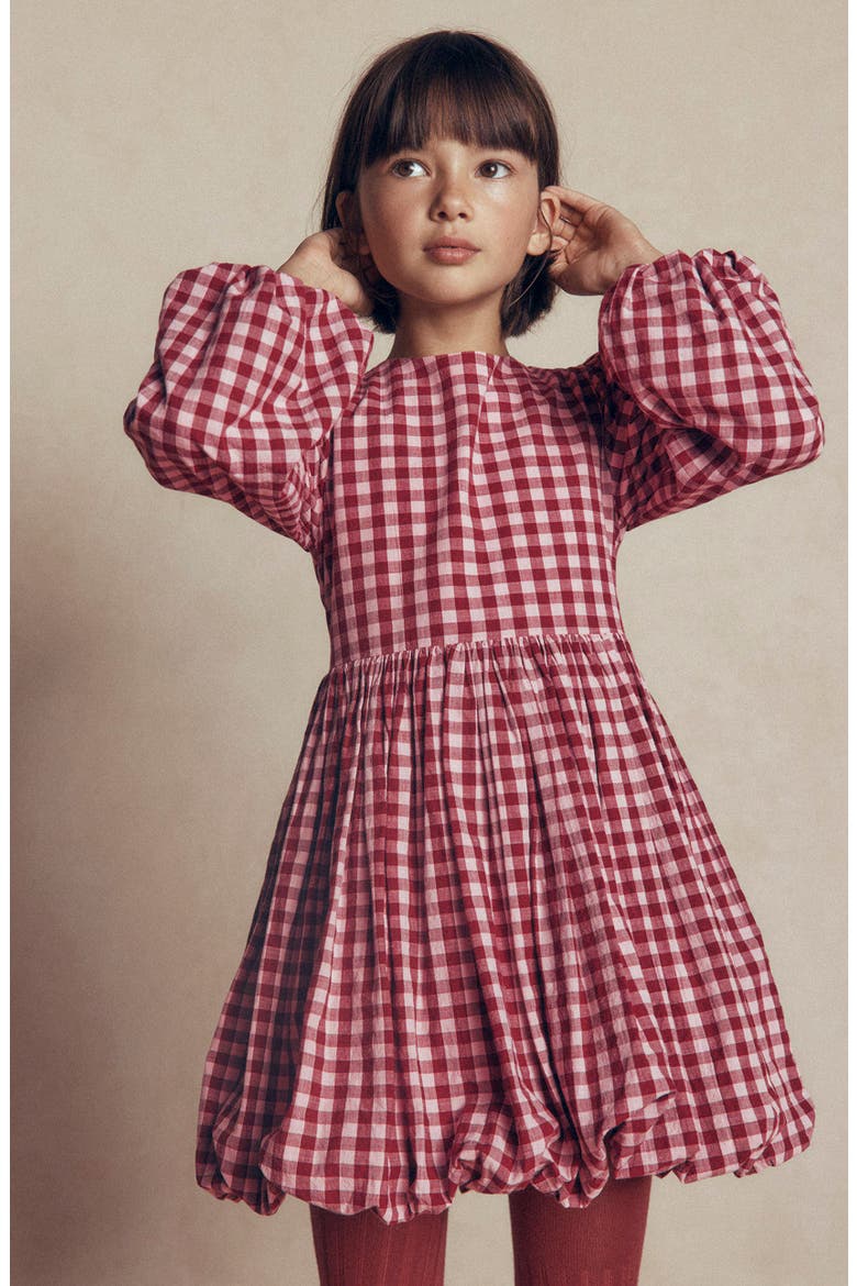Kids' Check Long Sleeve Bubble Hem Dress, Alternate, color, RED CHECK