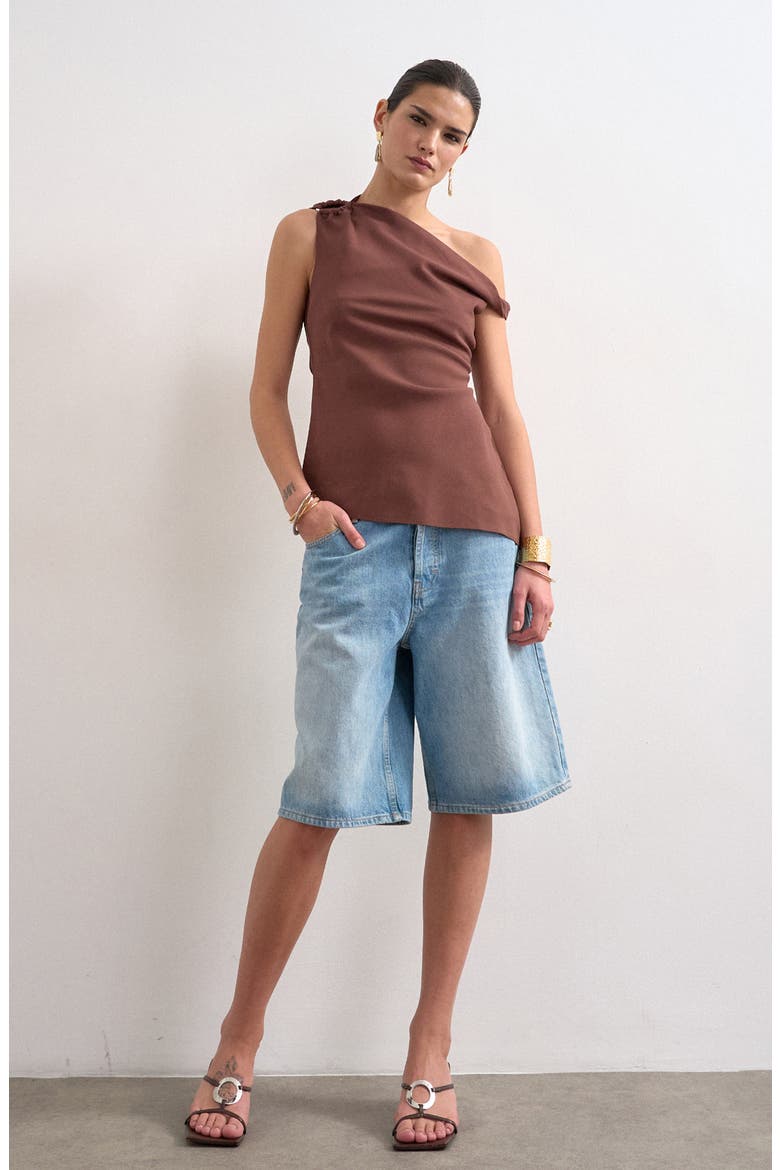 Twist One Shoulder Asymmetric Hem Top, Alternate, color, CHOCOLATE