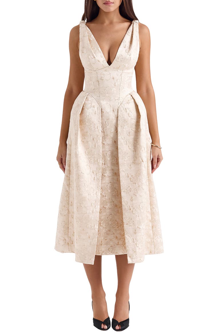 Paloma Plunge Neck Twist Strap Metallic Jacquard Midi Dress, Main, color, IVORY