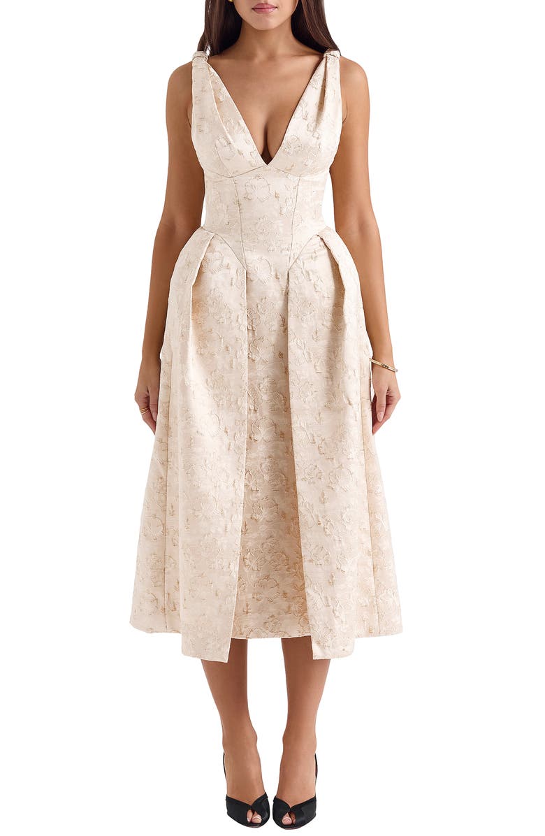 HOUSE OF CB Paloma Plunge Neck Twist Strap Metallic Jacquard Midi Dress, Main, color, Ivory