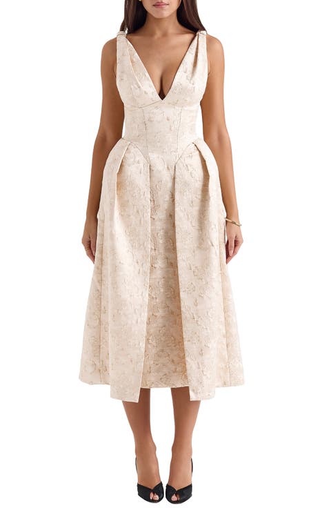 Paloma Plunge Neck Twist Strap Metallic Jacquard Midi Dress