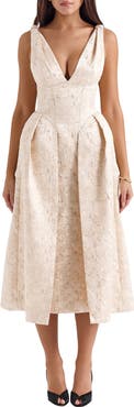 HOUSE OF CB Paloma Plunge Neck Twist Strap Metallic Jacquard Midi Dress