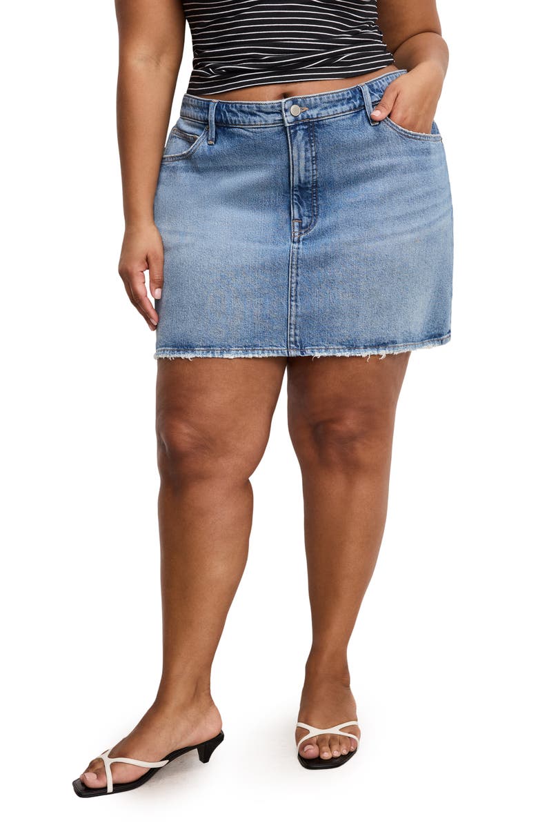 Good American '90s Raw Hem Denim Miniskirt, Alternate, color, Indigo819