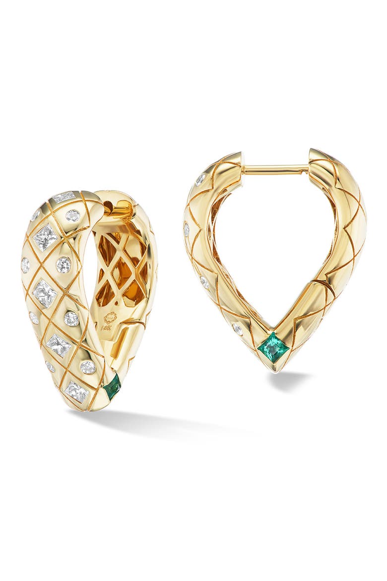 Mama Bliss Diamond & Emerald Hoop Earrings, Main, color, GOLD