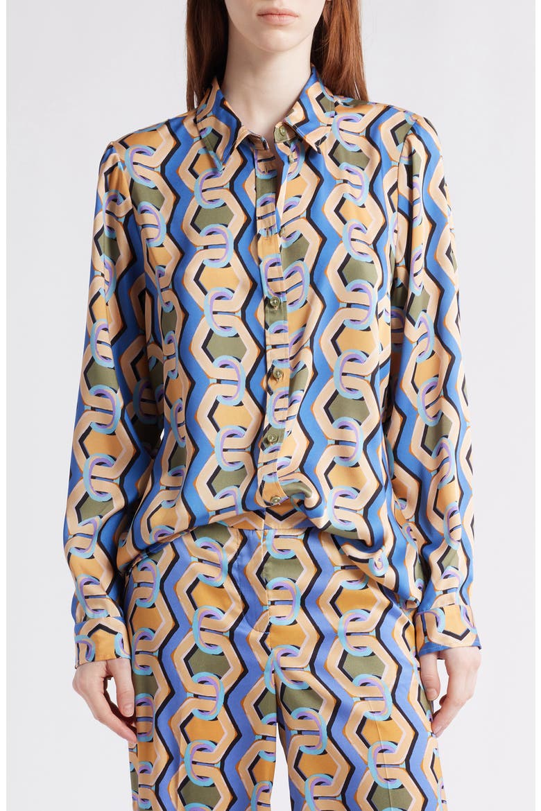 Geo Print Satin Button-Up Shirt, Main, color, BLUE CHAINS