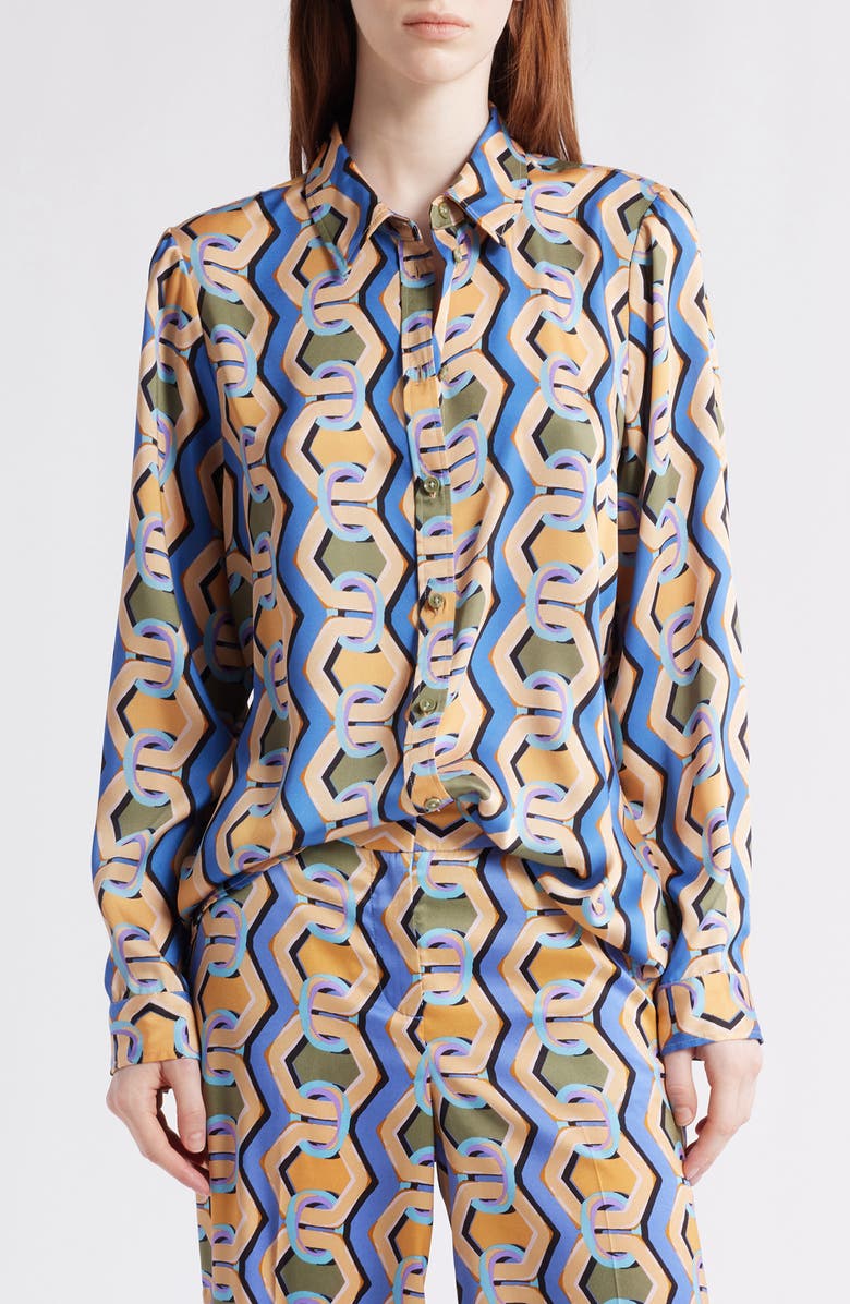 Tahari ASL Geo Print Satin Button-Up Shirt, Main, color, Blue Chains