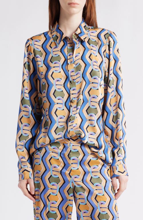 Tahari Asl Geo Print Satin Button-up Shirt In Blue Chains