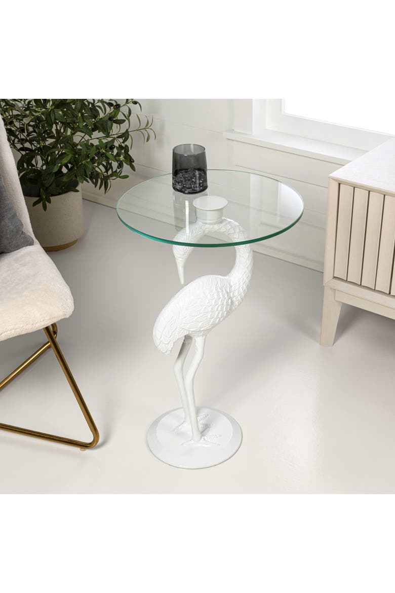 Blanche Coastal Flamingo Accent End Table, Round Glass Top Iron Base, Whimsical Side Table for Living Room, Alternate, color, White/Clear