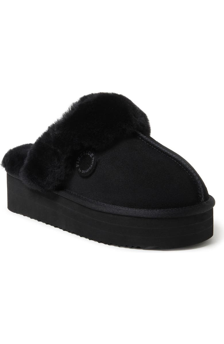DEARFOAMS Fireside Melton Genuine Shearling Platform Scuff Slipper, Main, color, Black
