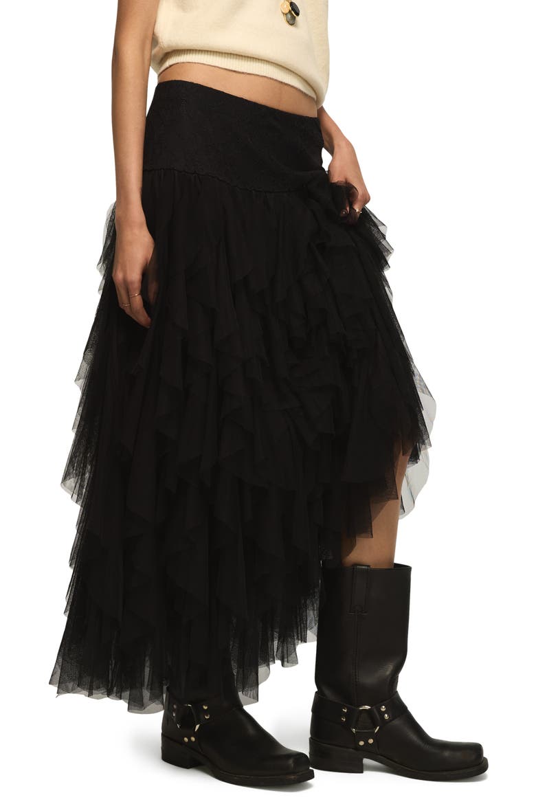 Lace Yoke Ruffle Maxi Skirt, Alternate, color, CAVIAR