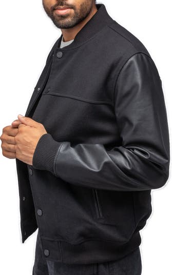 Mixed Media Faux Leather Bomber Jacket