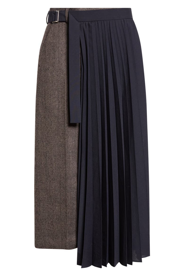 Herringbone & Pleated Midi Skirt, Main, color, BROWN/ NAVY