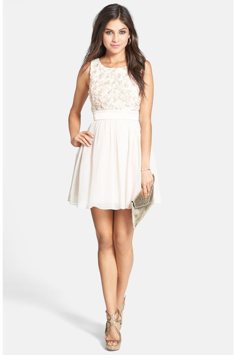 Rosette Bodice Skater Dress, Alternate, color, CHAMPAGNE