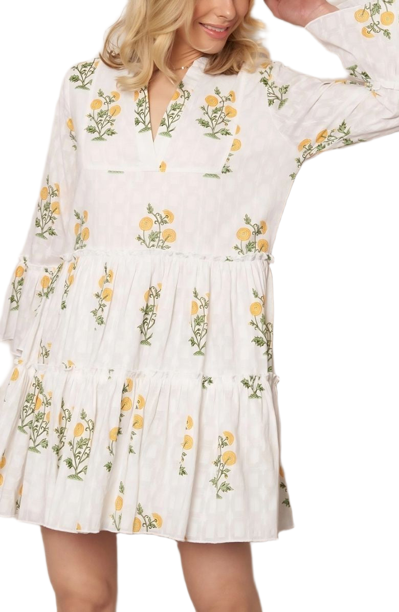 Knit and Lounge Floral Embroidered Tiered Bell Sleeve Mini Dress, Alternate, color, White / Yellow Floral