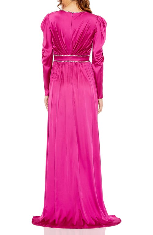 Mac Duggal Crystal Detail Satin Empire Waist Long Sleeve Gown In Magenta