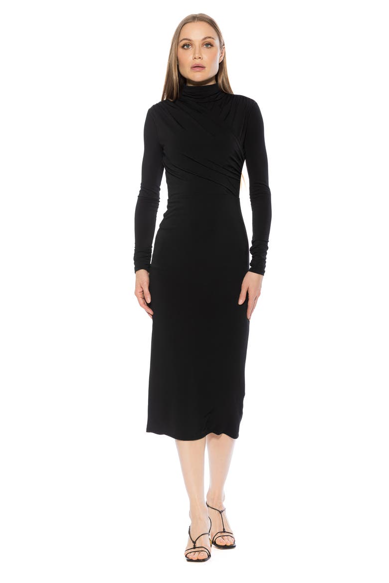 Elio Draped Bodice Midi Sheath Dress, Alternate, color, BLACK
