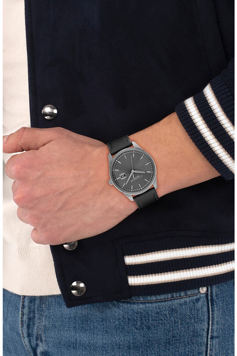 Oliver Leather Strap Watch, 41mm, Alternate, color, GREY