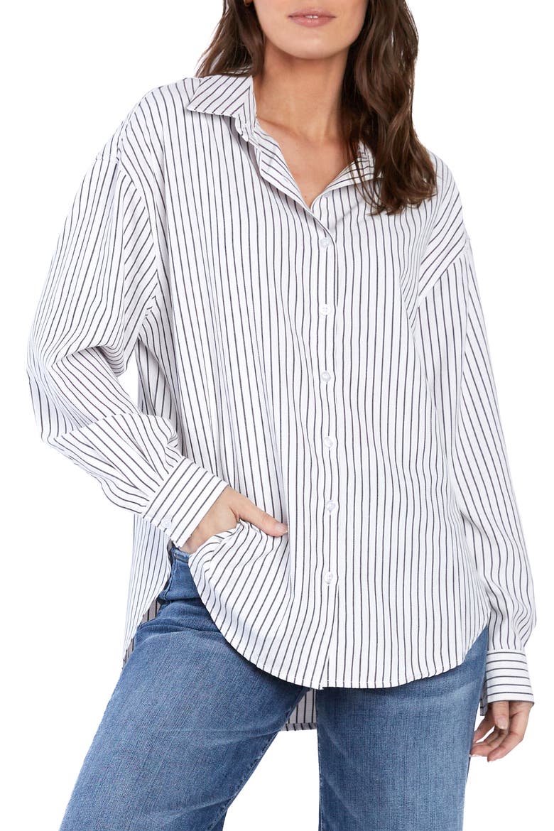 Slick Stripe Cotton Blend Button-Up Shirt, Main, color, BLACK STRIPES