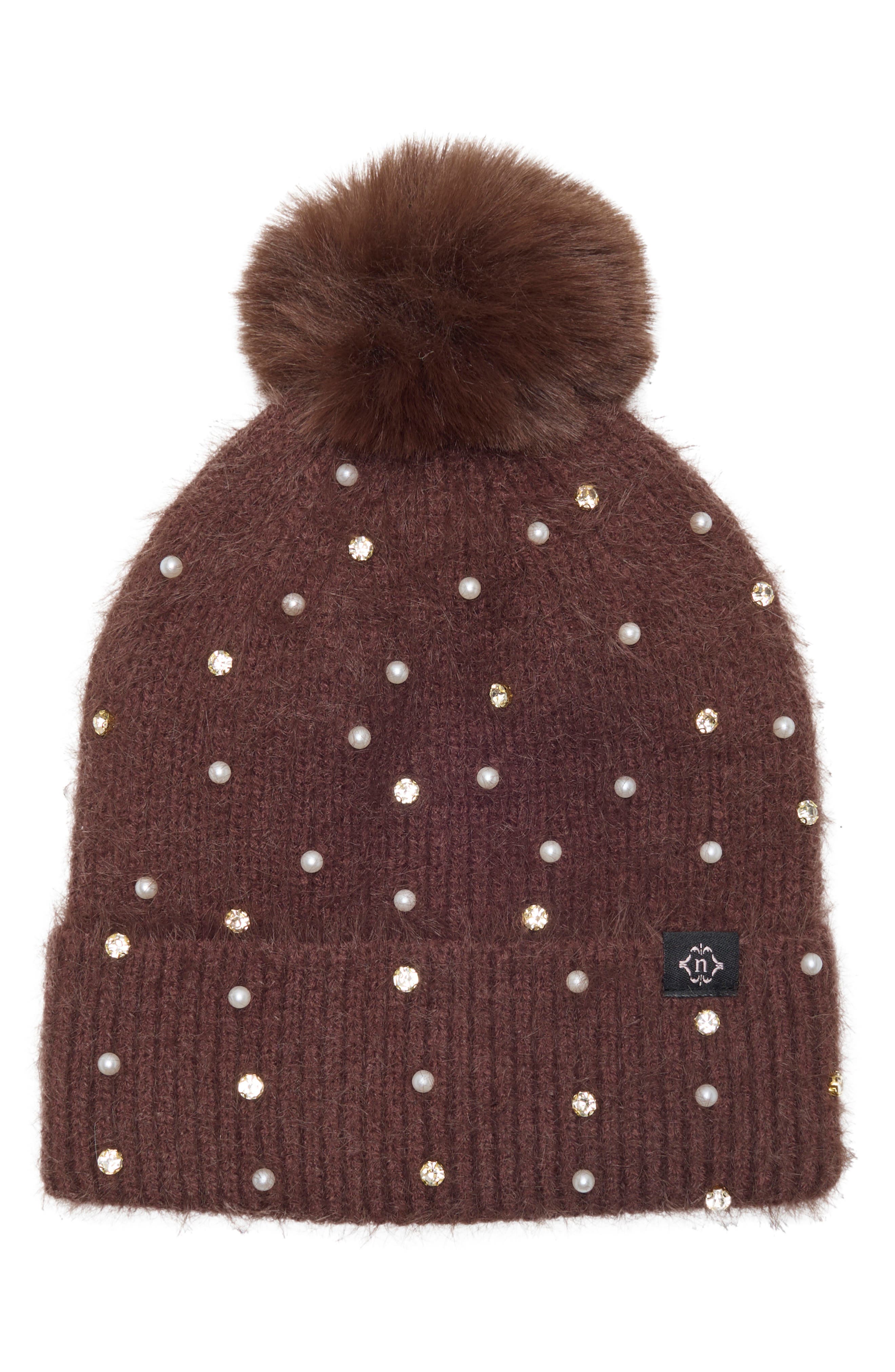 Crystal Star & Faux Pearl Embellished Faux Fur Pom Beanie