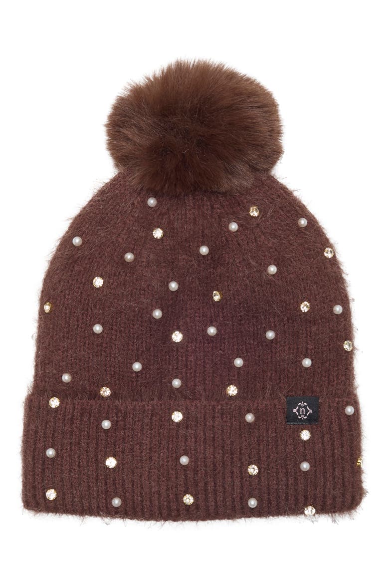 Crystal Star & Faux Pearl Embellished Faux Fur Pom Beanie, Main, color, CHOCOLATE