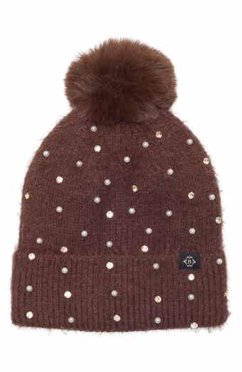 Crystal Star & Faux Pearl Embellished Faux Fur Pom Beanie
