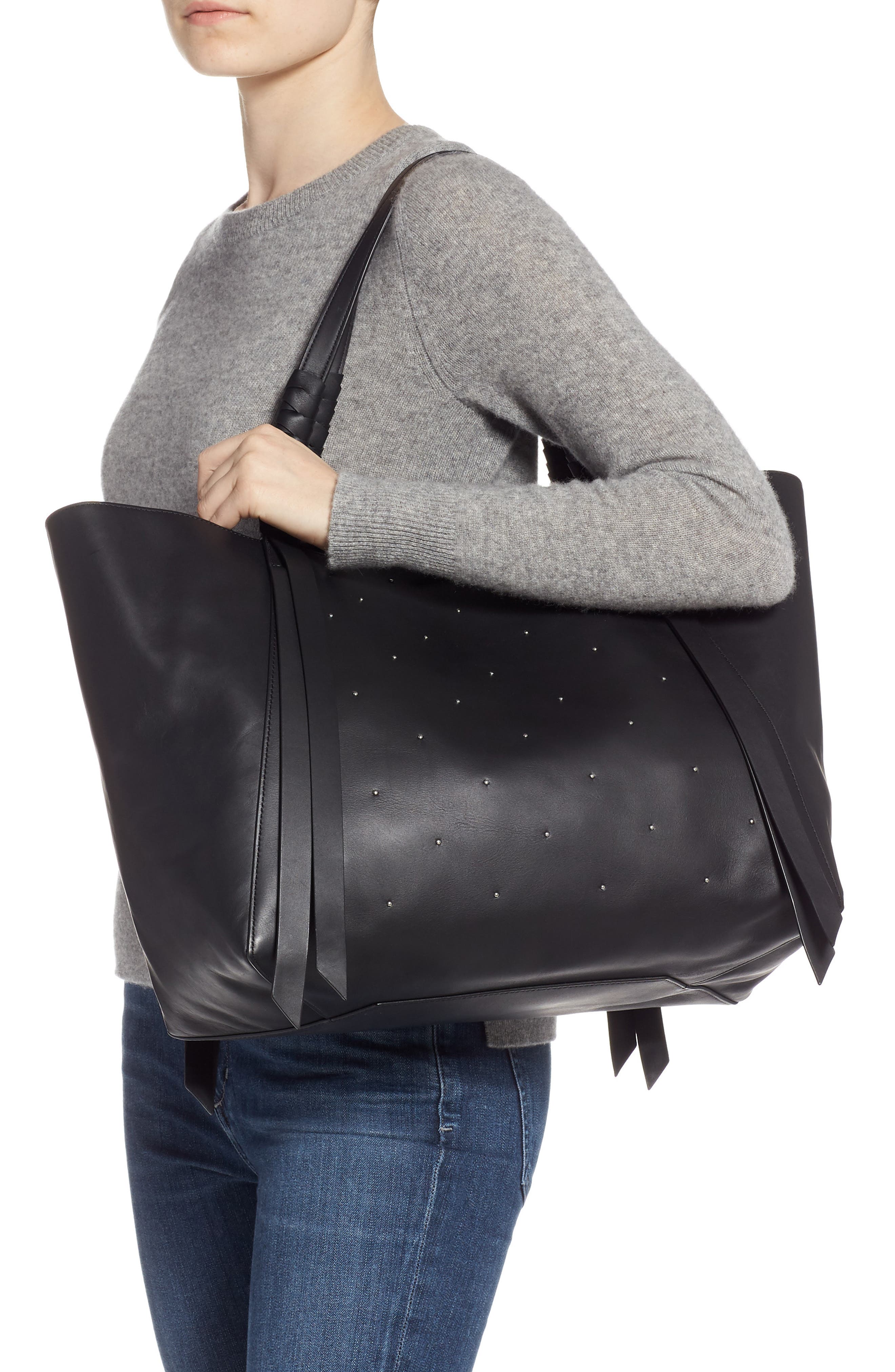 AllSaints Kathi Studded Leather East/West Tote, Alternate, color, 