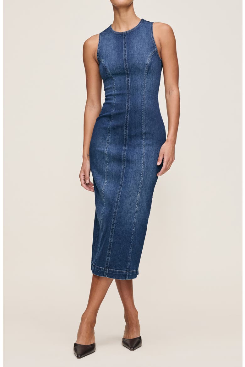 Esme Denim Midi Sheath Dress, Main, color, SEA FRONT