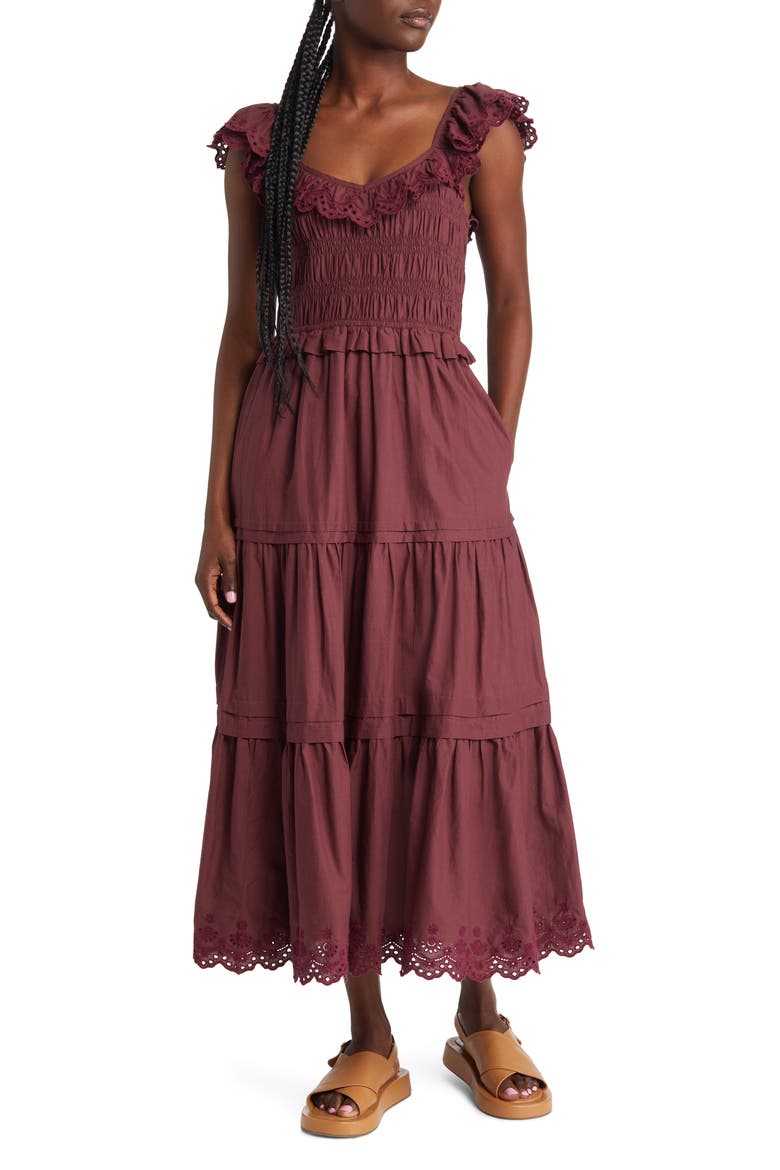 Lucie Embroidered Cotton Midi Dress, Main, color, VINTAGE MULBERRY