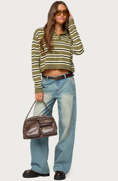 Edikted Shelby Stripe Crop Polo Sweater In Green